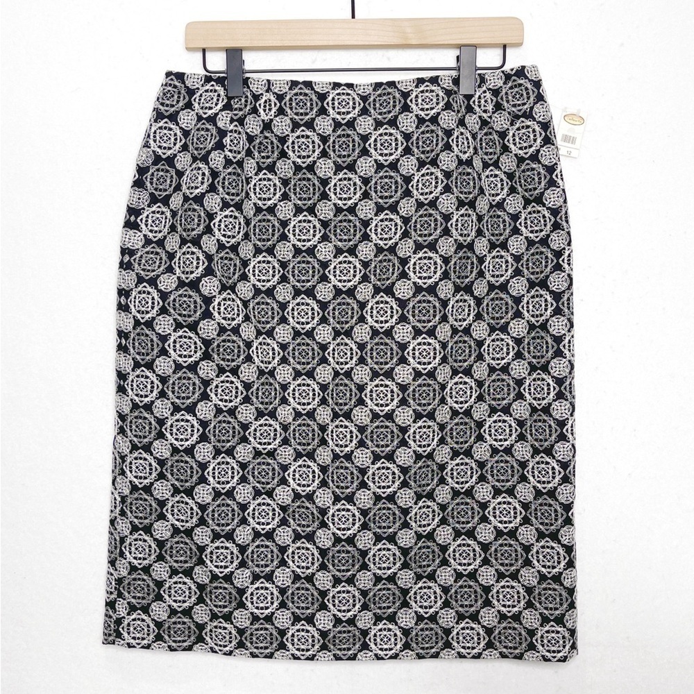 Vintage Talbots Geometric Black 100% Cotton Embroidered Pencil Skirt Size 12
